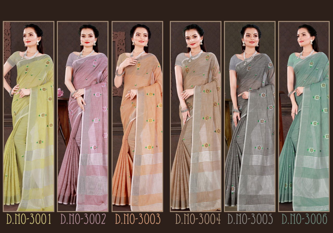Sangam Swara New Fancy Wear Designer Linen Embroidery Work Saree Collection